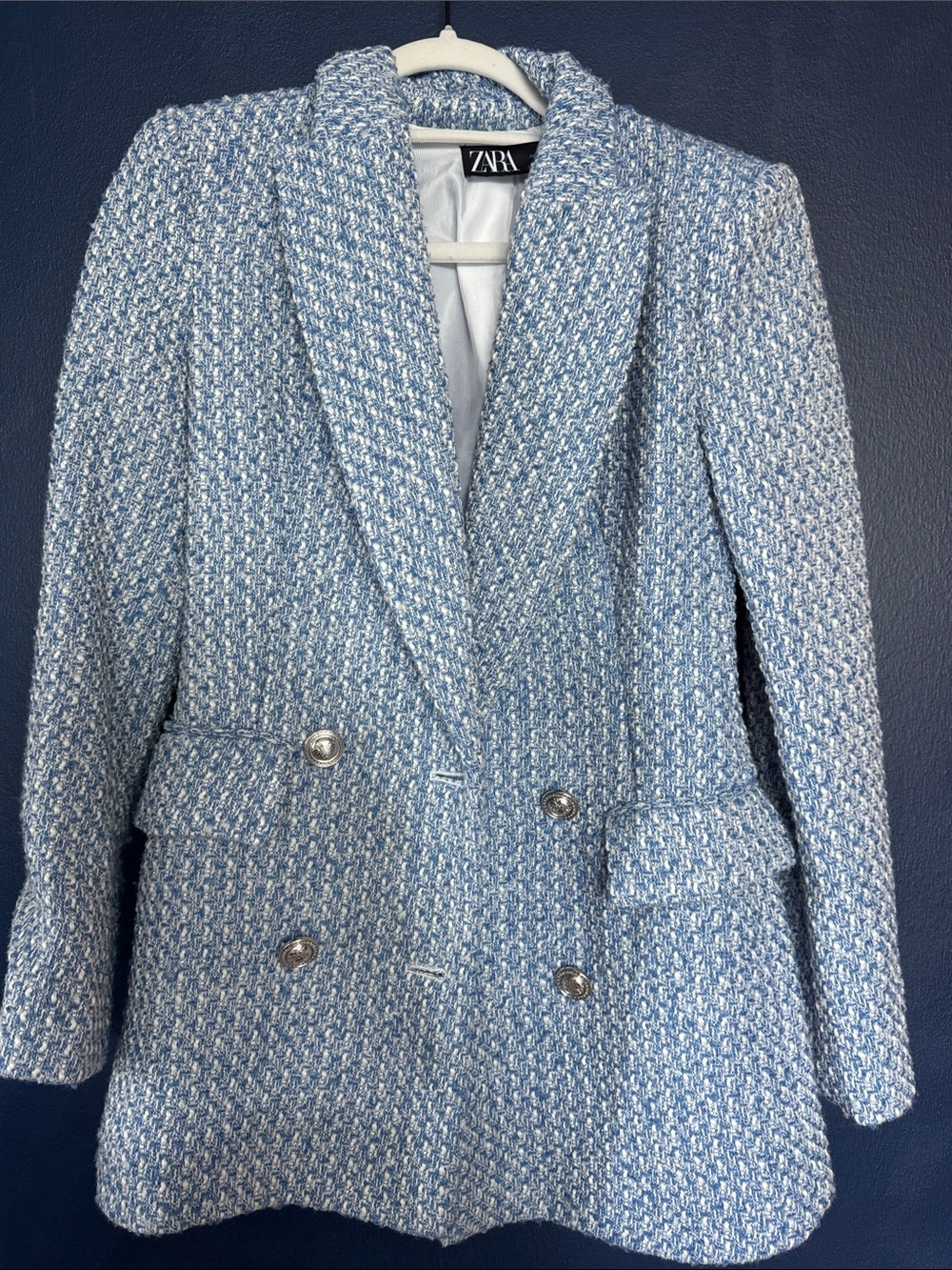 Zara Blue Tweed Double-Breasted Blazer